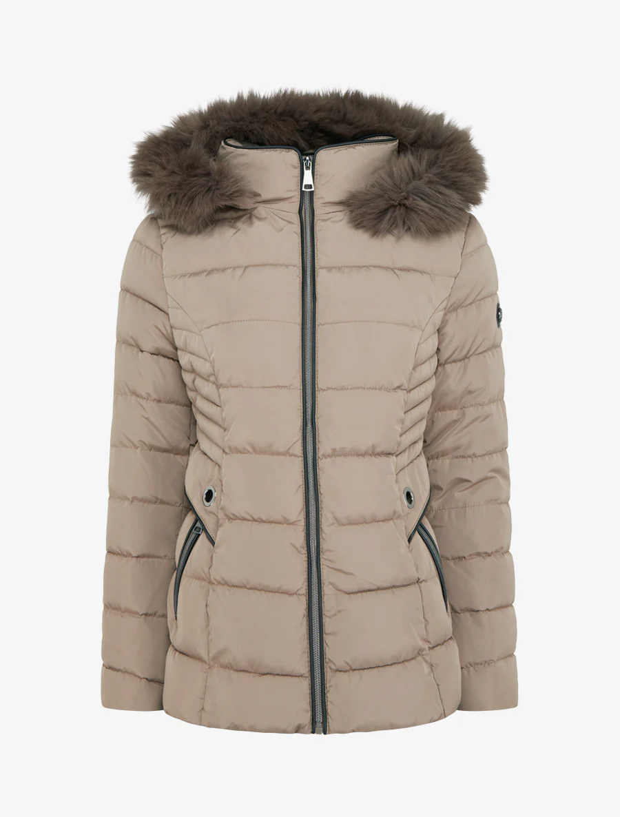 Chaqueta acolchada recta con capucha de piel sintética. - Topo