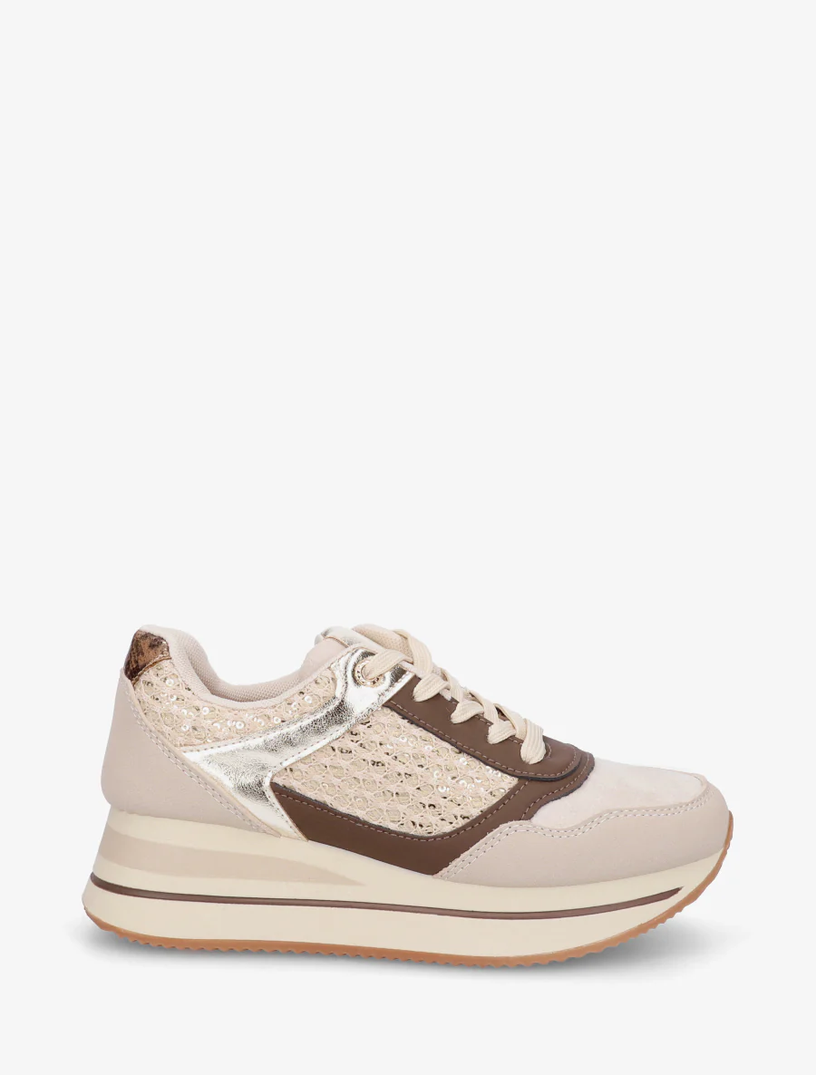 Zapatillas con paneles de malla y lentejuelas. - Beige/marrón